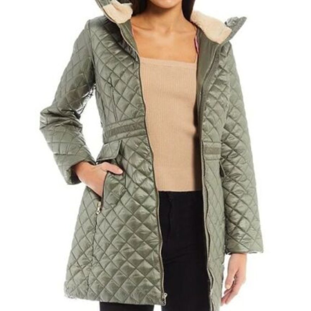 Kate Spade Olive Quilted Jacket w/ Beige Lined Hood